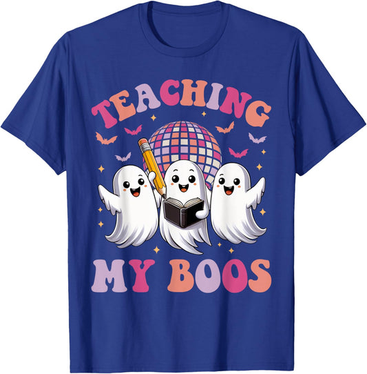 Groovy Teaching My Boos Crew Funny Ghost Halloween Teacher T-Shirt - T-Shirt | Royal