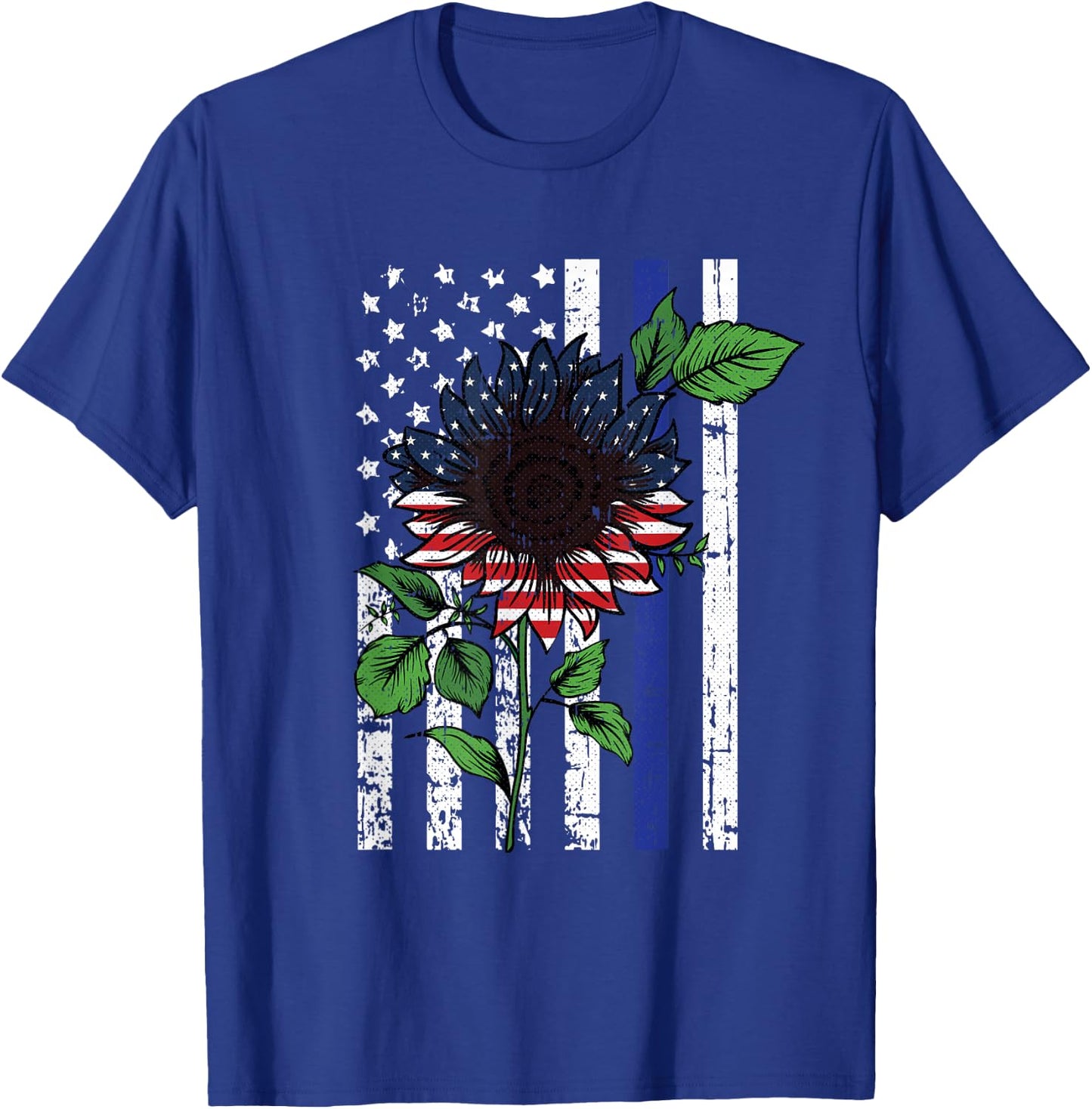 Sunflower American Flag 4th Of July Blue Line USA Police T-Shirt - T-Shirt | Royal