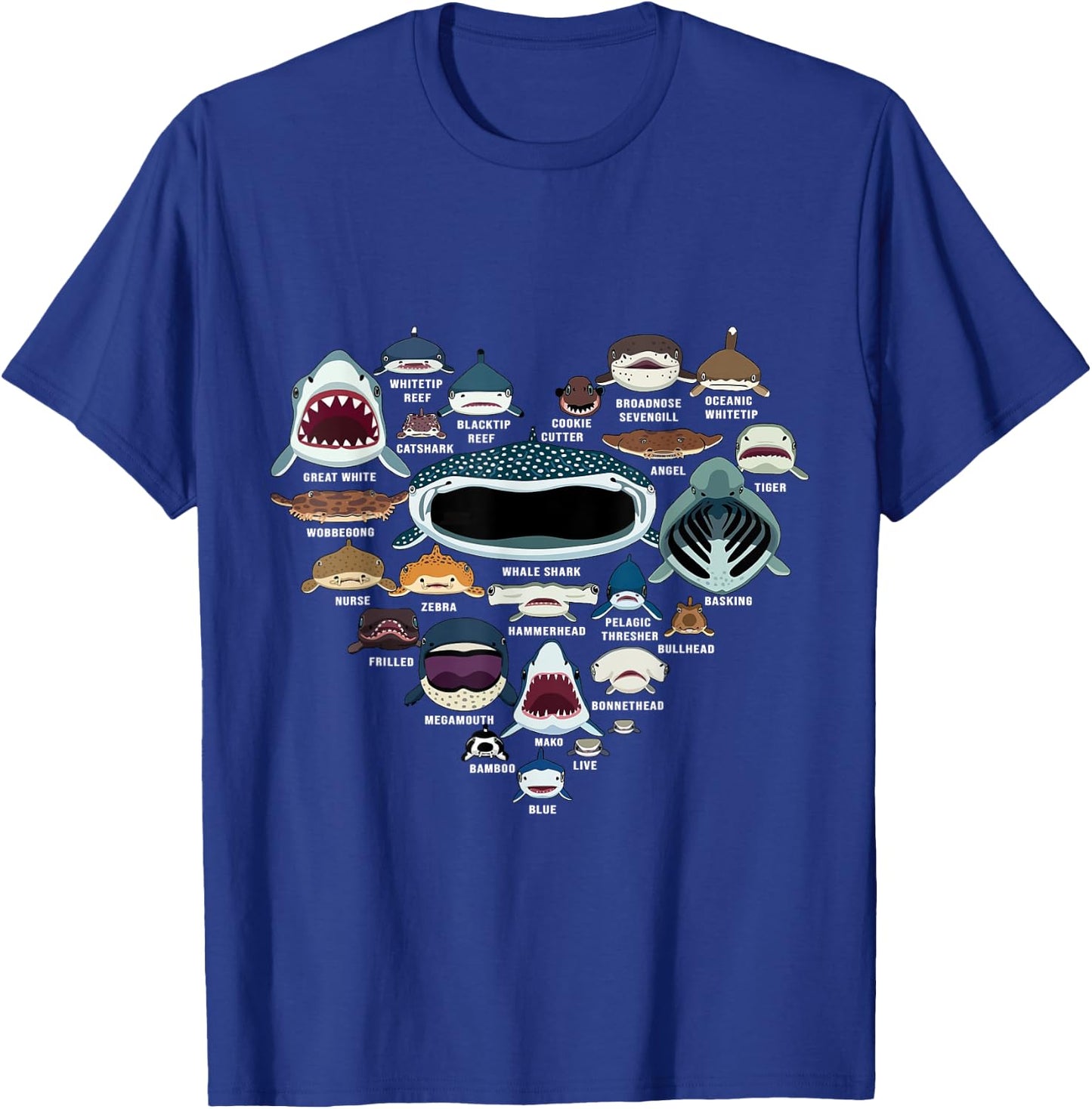 Types Of Shark Identification - Shark Faces - Shark Heart T-Shirt - T-Shirt | Royal