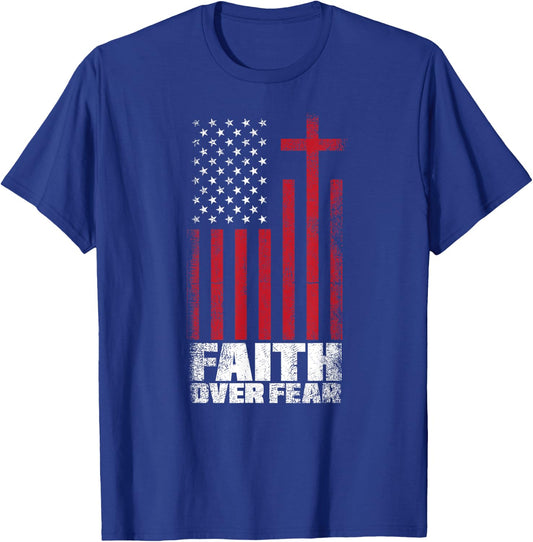 US Flag Patriotic American Gift Faith Over Fear Prayer Women Kids Men T-Shirt - T-Shirt | Royal