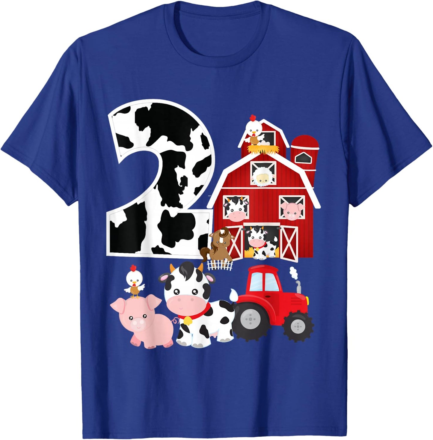 Farm Barnyard Theme Pig Cow Horse 2nd Birthday 2 Yrs Old T-Shirt - T-Shirt | Royal