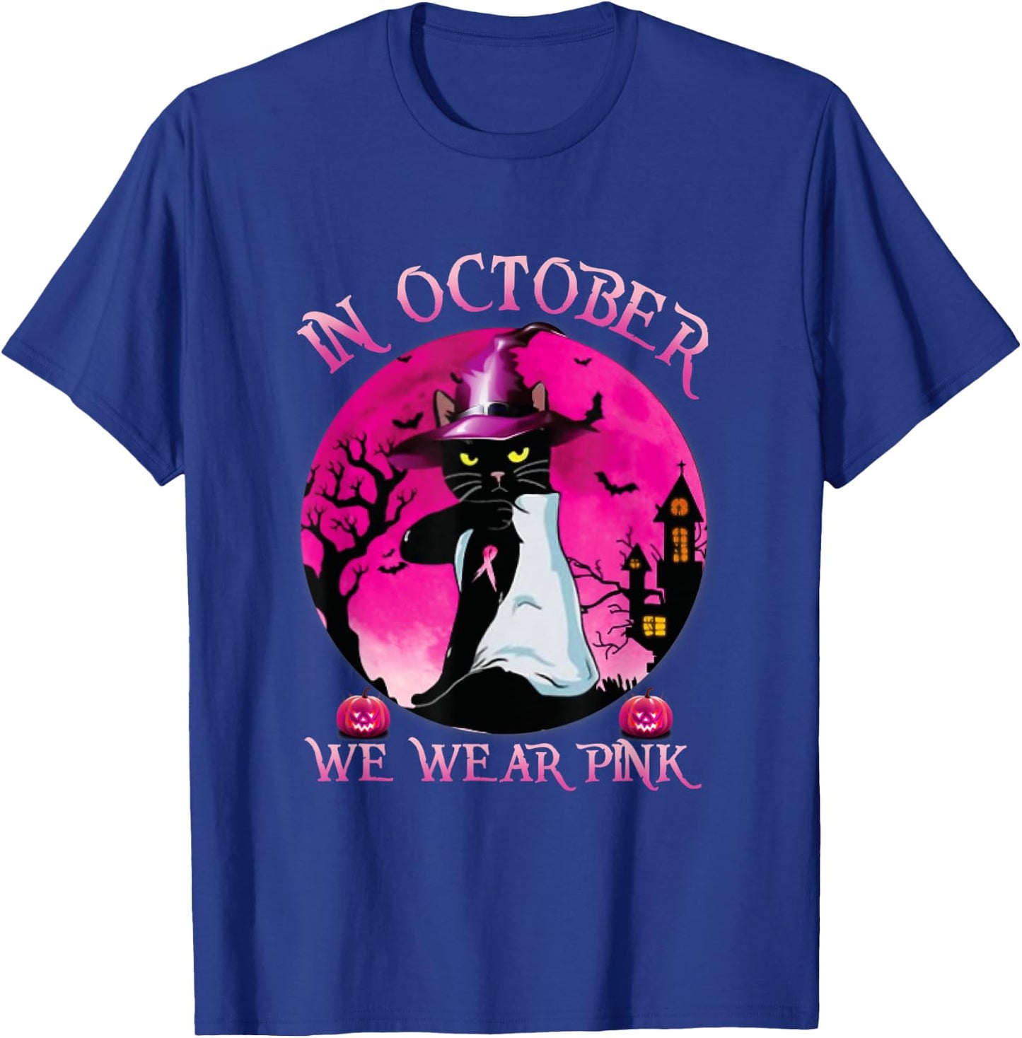 Black Cat In October We Wear Pink Funny Halloween Gifts T-Shirt - T-Shirt | Royal
