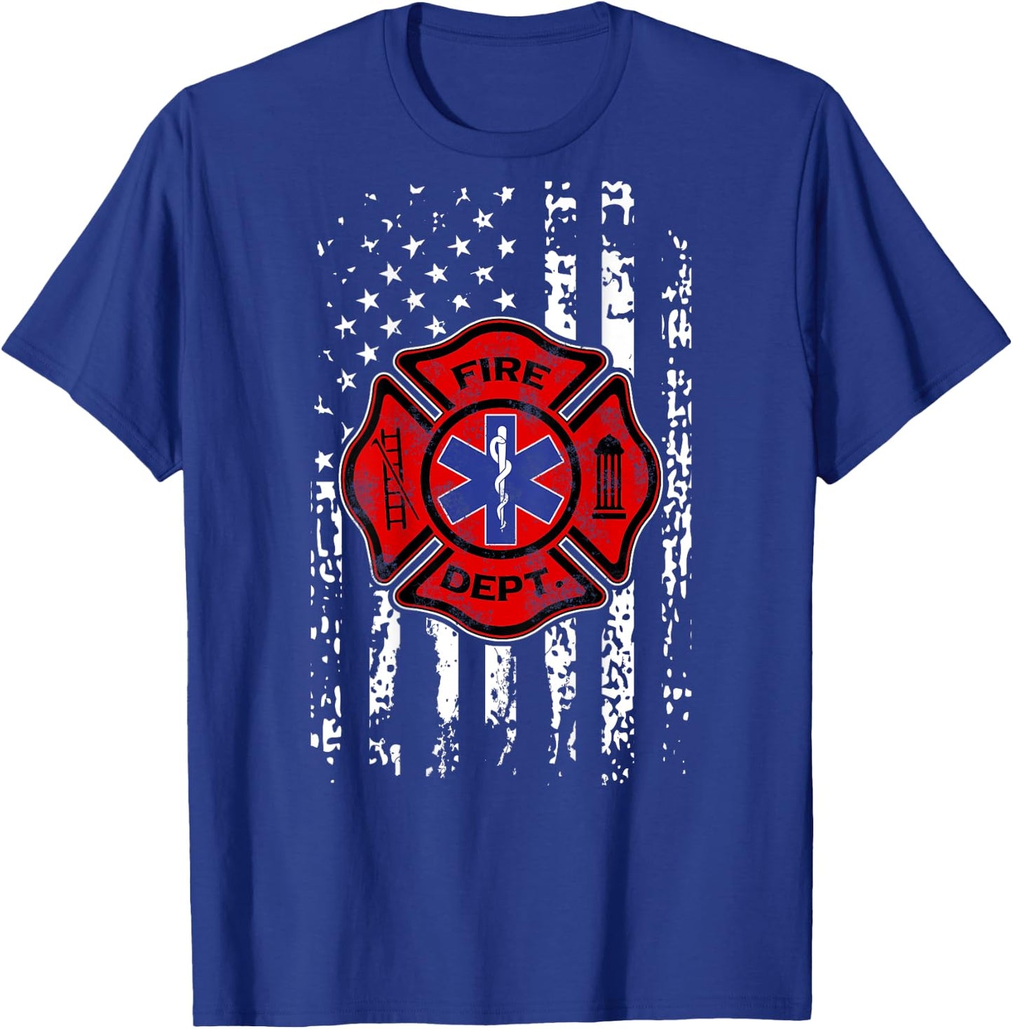 EMT Firefighter Shirt Fireman EMS USA Flag Gift Back Print T-Shirt - T-Shirt | Royal