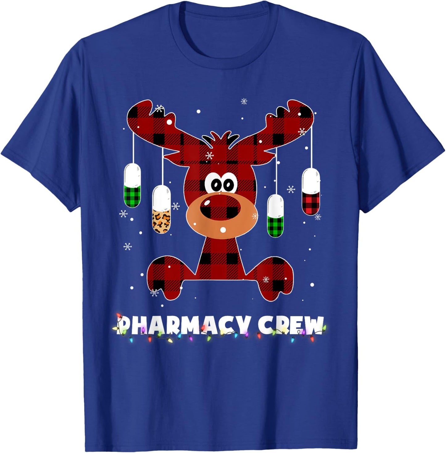 Funny Red Plaid Reindeer Pharmacy Crew Christmas Gift T-Shirt - T-Shirt | Royal