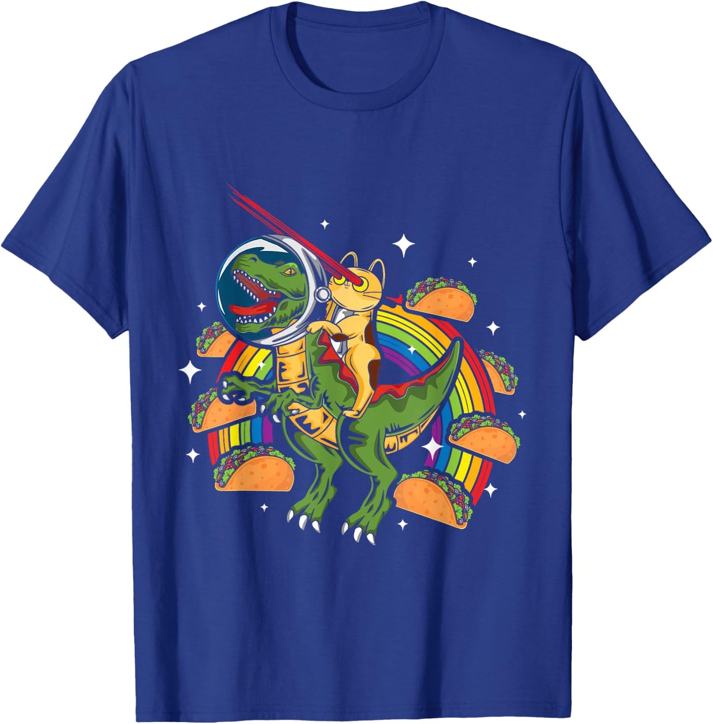 Crazy T-Rex Riding Cat Laser Eye Taco Rainbow Space Dinosaur Women Girls Kids T-Shirt - T-Shirt | Royal