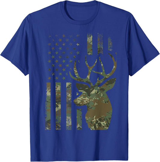 Camo American Flag Buck Hunting Gift Elk Deer Hunter Men T-Shirt - T-Shirt | Royal