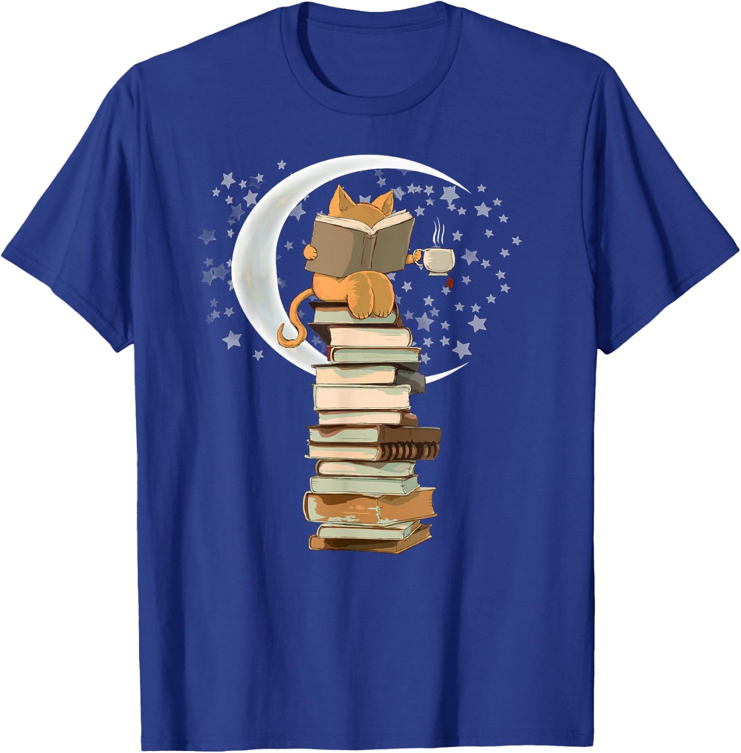 Kawaii Reading by moonlight, books, coffee and cute cat Men Women Girls Kids T-Shirt - T-Shirt | Royal