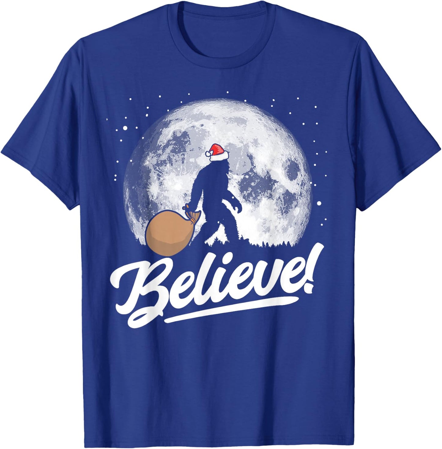 Believe! Santa Bigfoot Christmas Snow & Moon Night Graphic T-Shirt - T-Shirt | Royal