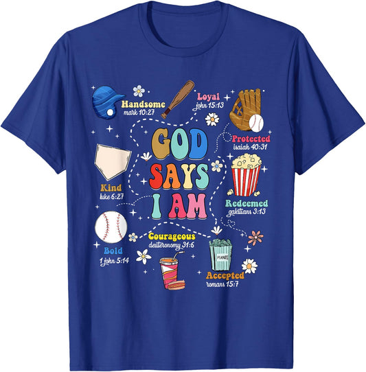 God Says I Am Bible Verse Baseball Christian Men Women Kids T-Shirt - T-Shirt | Royal