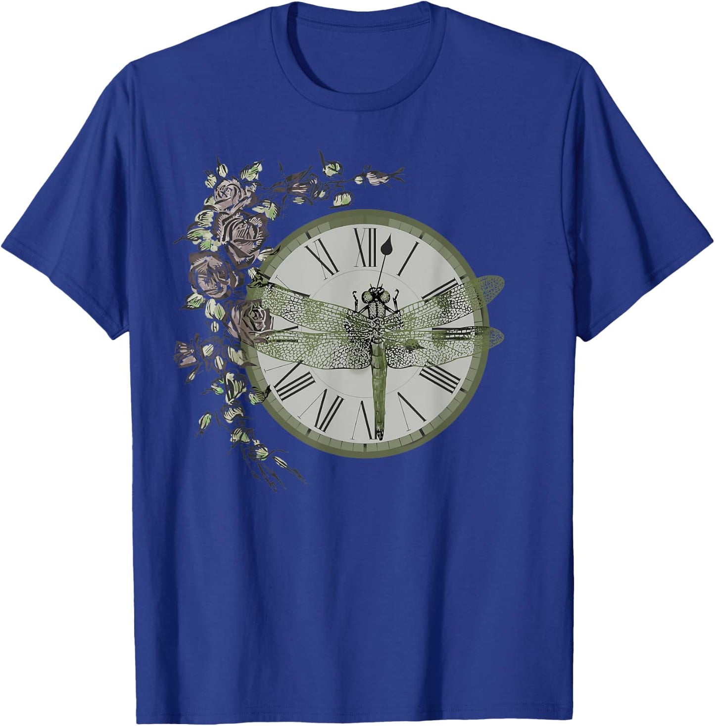 Dragonfly Resting on a Vintage Clock Adorned with Roses T-Shirt - T-Shirt | Royal