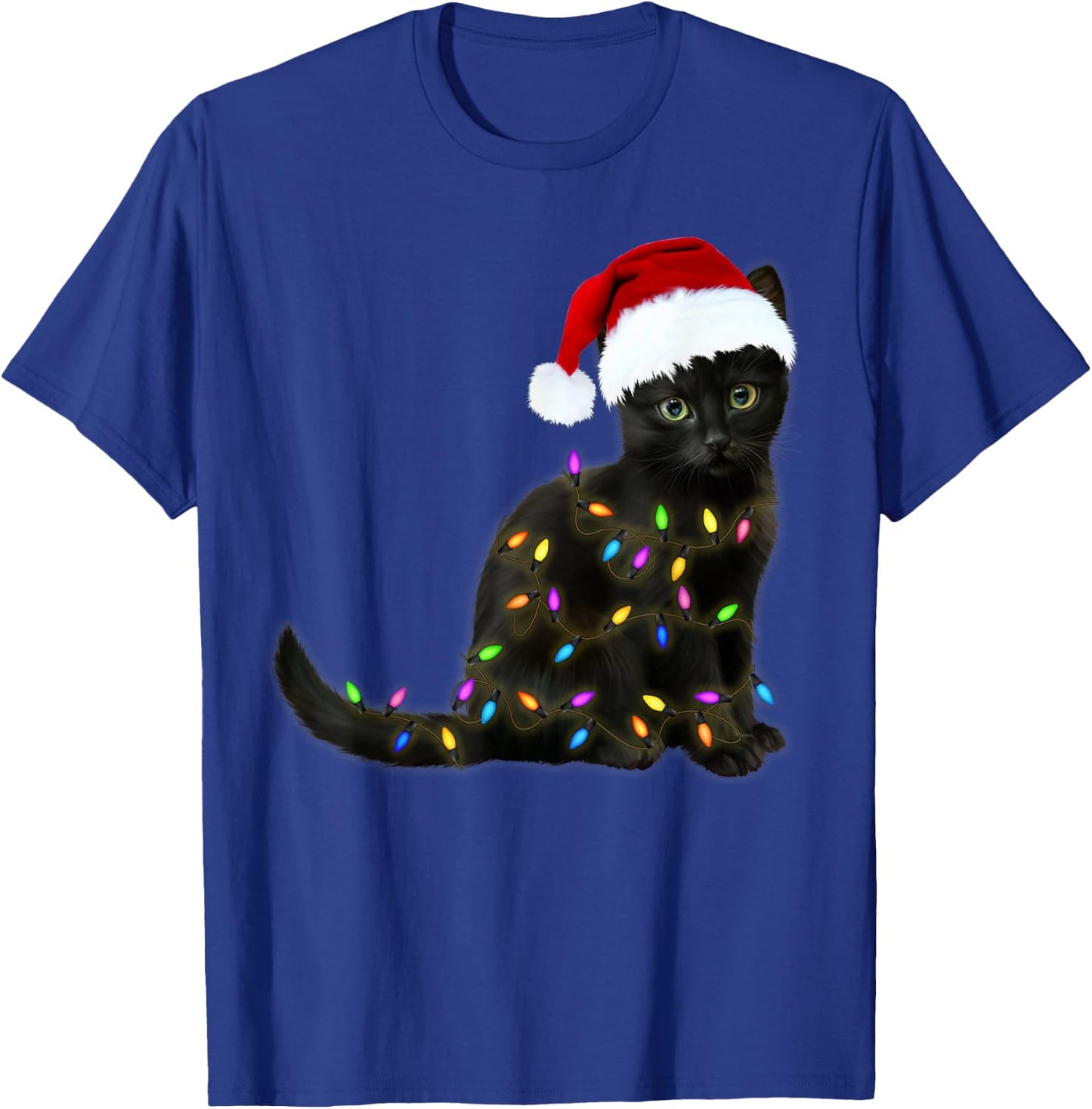 Black Cat with Christmas Light Funny Cat Lover Christmas T-Shirt - T-Shirt | Royal