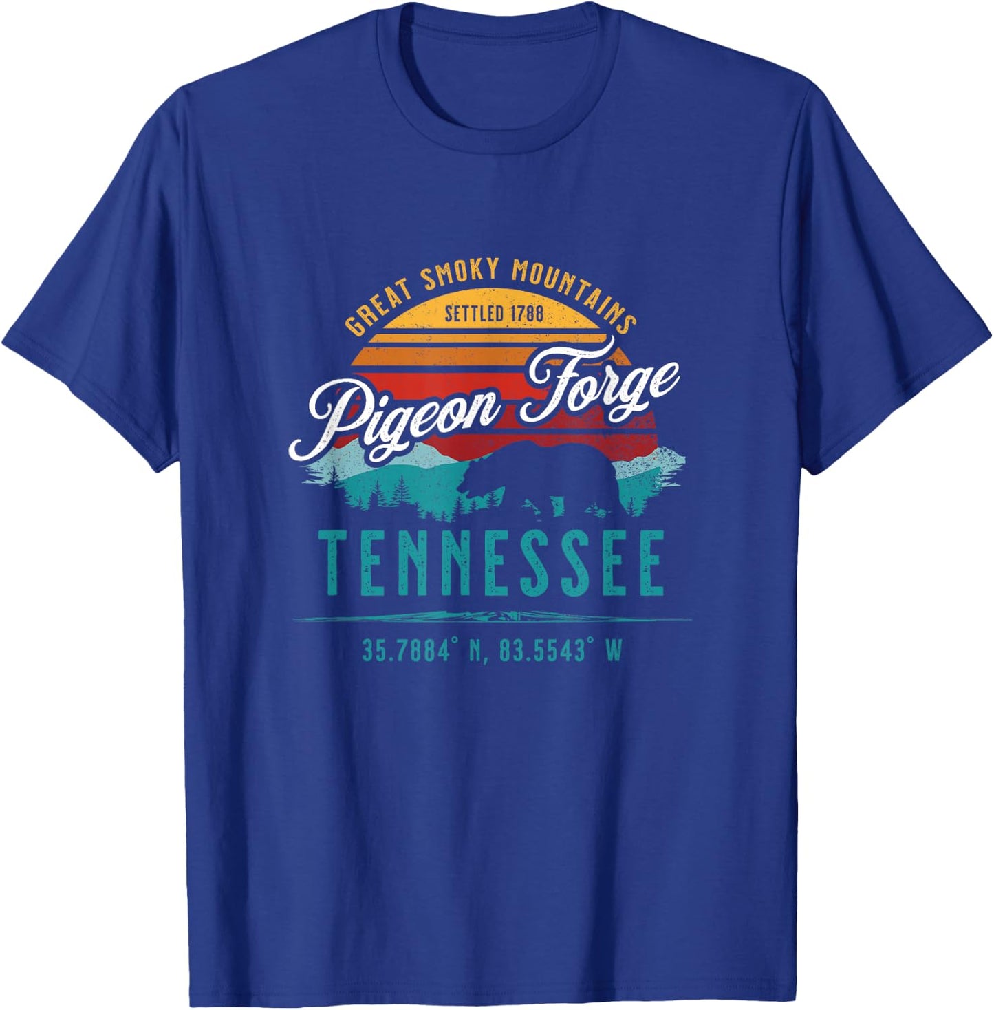 Pigeon Forge Tennessee Great Smoky Mountains Bear Retro Sun T-Shirt - T-Shirt | Royal