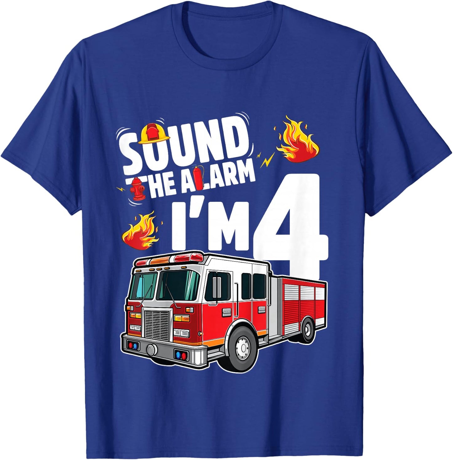 Fire Truck 4th Birthday Boy Firefighter 4 Year Old T-Shirt - T-Shirt | Royal