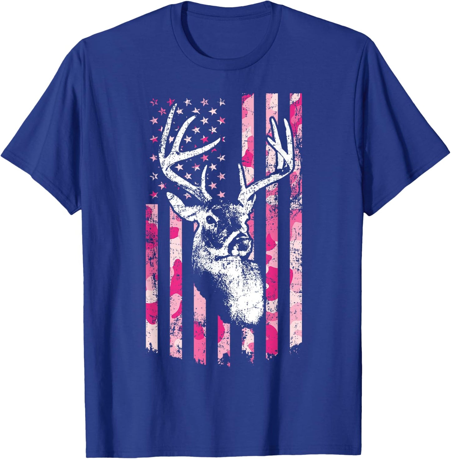 Whitetail Buck Deer Hunting Pink Camo American Flag T-Shirt - T-Shirt | Royal
