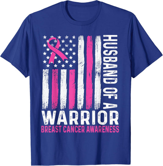 Husband of a Warrior Cancer USA American Flag Breast Cancer T-Shirt - T-Shirt | Royal