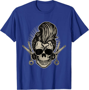 Rockabilly Skull Barber Scissors Biker Rock Music Pin Up T-Shirt - T-Shirt | Royal