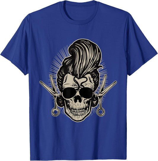 Rockabilly Skull Barber Scissors Biker Rock Music Pin Up T-Shirt - T-Shirt | Royal