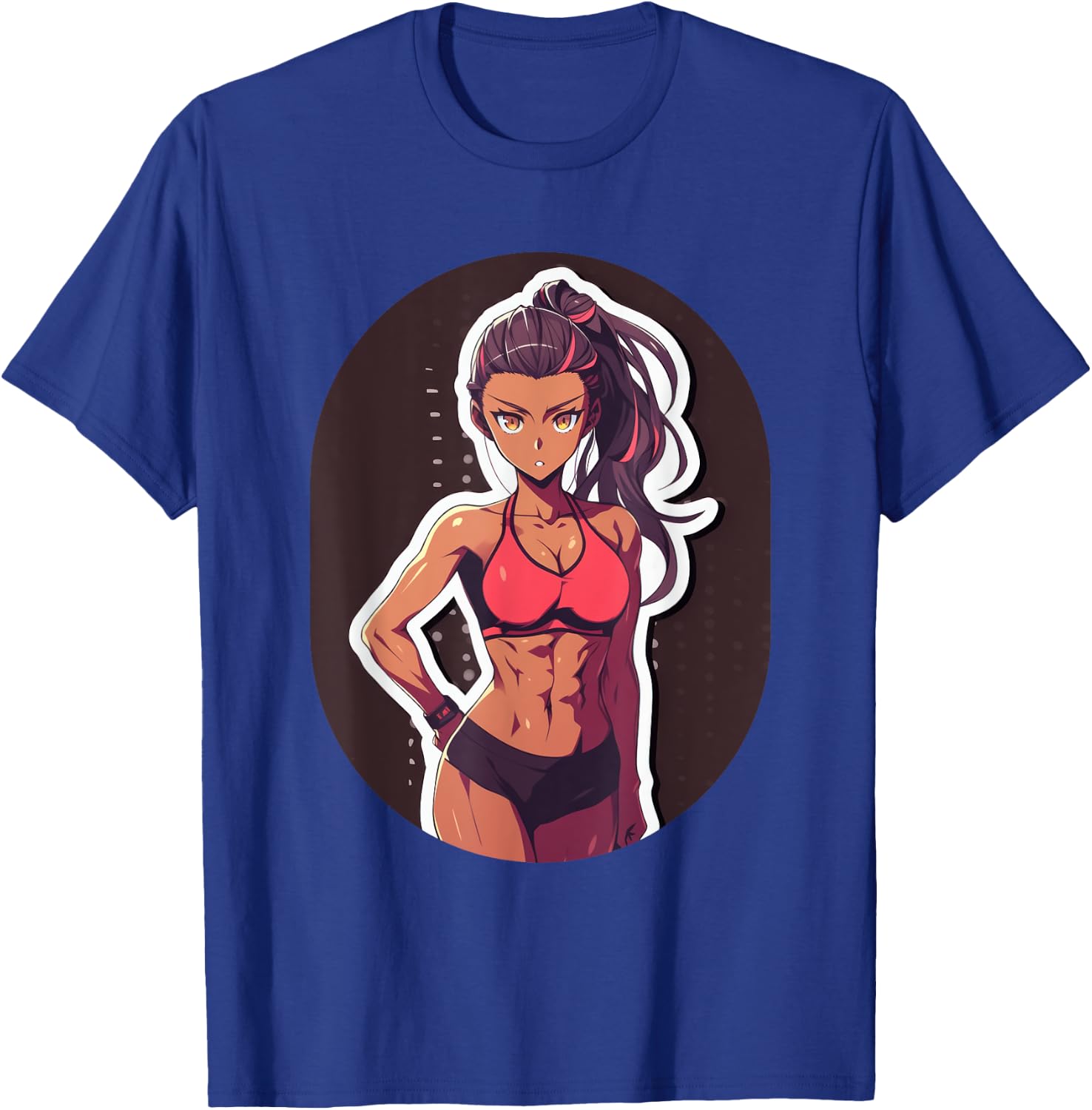 Dark Skin Anime & Manga Style Gym Girl Posing in Gym Clothes T-Shirt - T-Shirt | Royal
