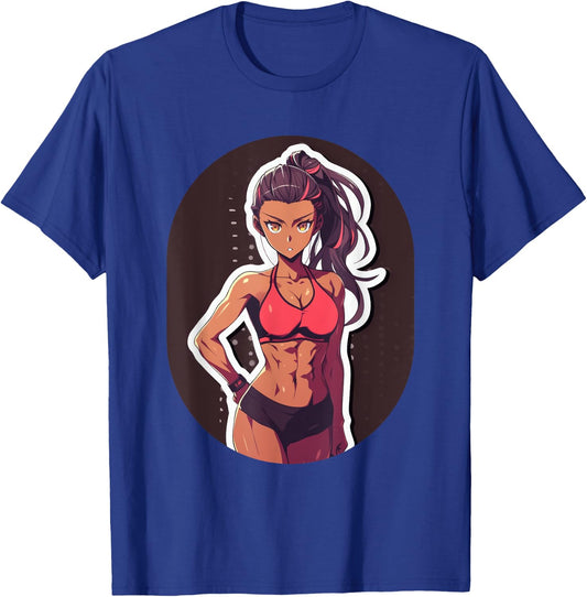Dark Skin Anime & Manga Style Gym Girl Posing in Gym Clothes T-Shirt - T-Shirt | Royal