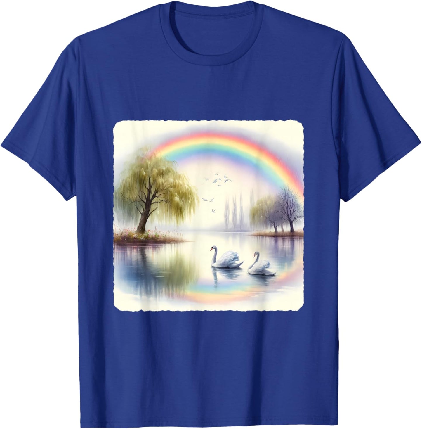 Rainbow Over Swan Lake With Swans. Willow Trees Peaceful T-Shirt - T-Shirt | Royal