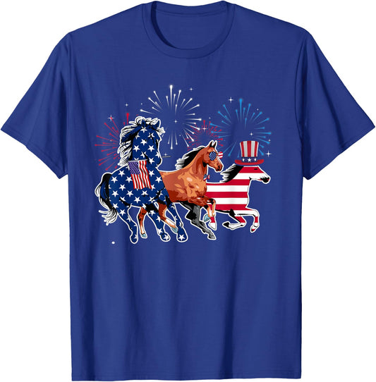 Happy 4th Of July American Flag Red White Horse And Blue Kids Men T-Shirt - T-Shirt | Royal
