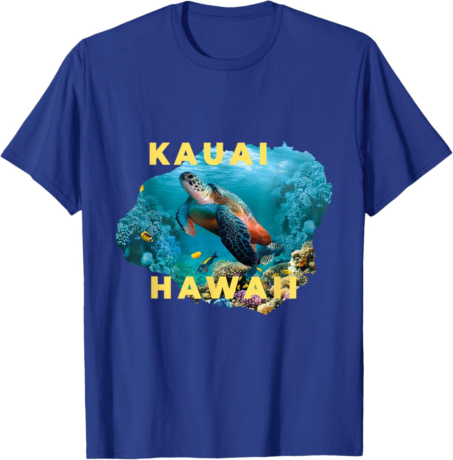 Sea Turtle Inside Kauai Island Map Hawaii Scuba Diving Surf T-Shirt - T-Shirt | Royal