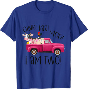 Oink Baa Moo I Am Two Farm Animals Pink Truck Birthday Girl T-Shirt - T-Shirt | Royal