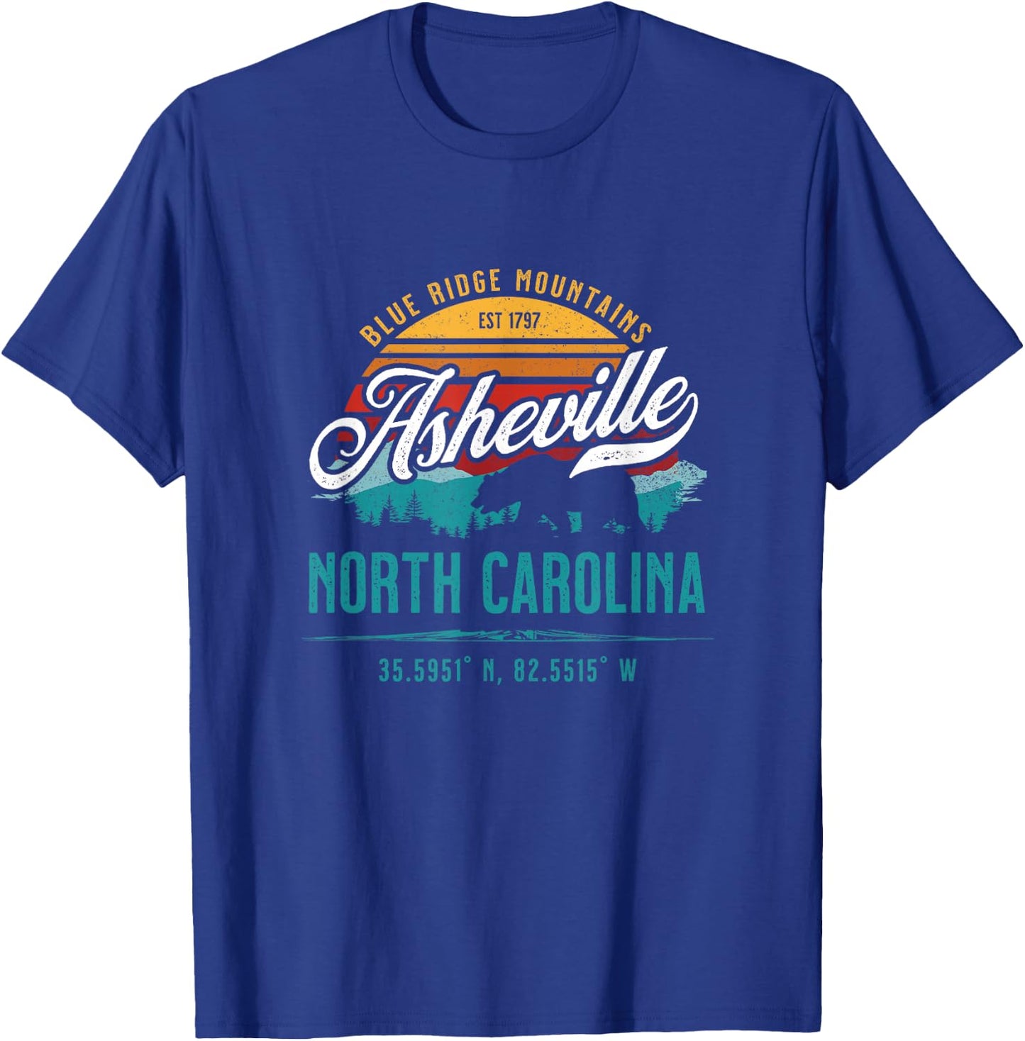 Asheville North Carolina Retro Sunset Blue Ridge Mountains T-Shirt - T-Shirt | Royal