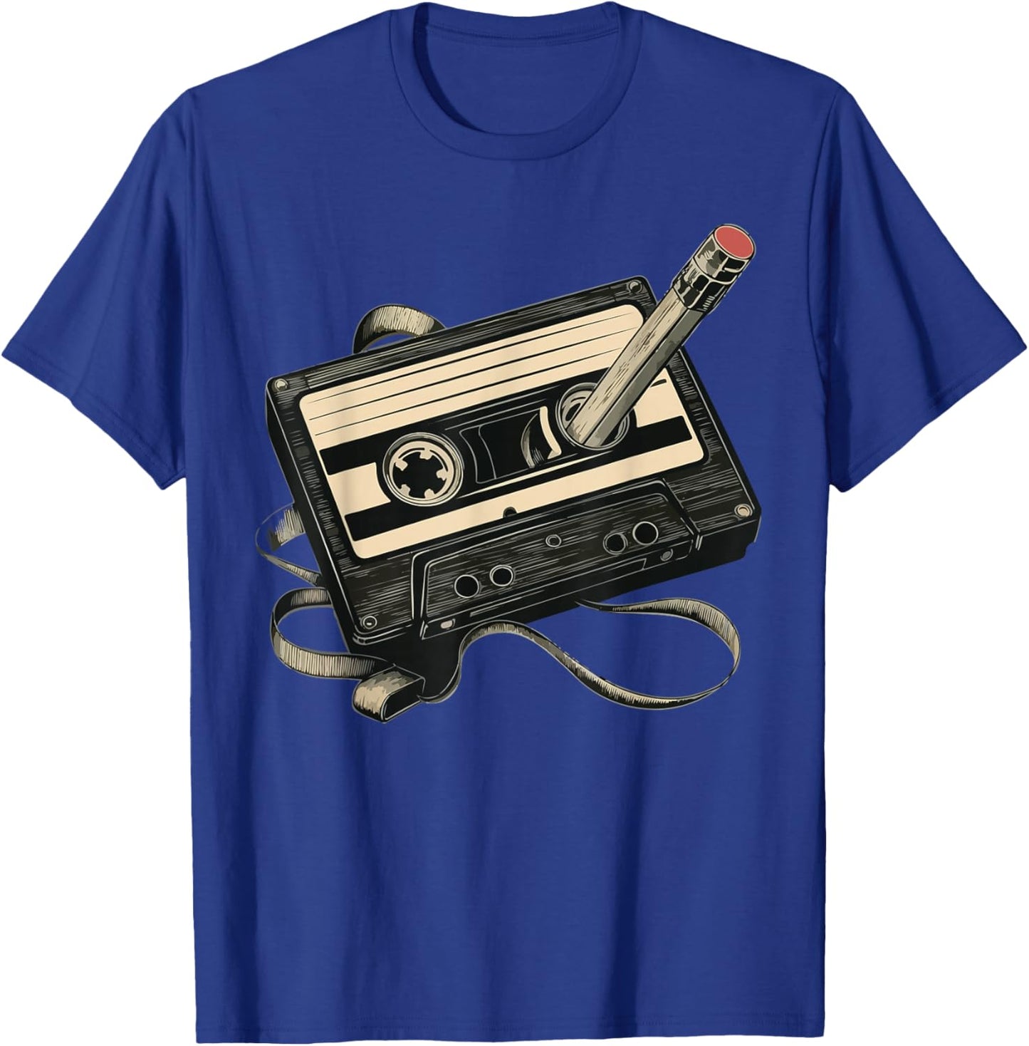 Retro Cassette Tape with Pencil Rewind T-Shirt - T-Shirt | Royal