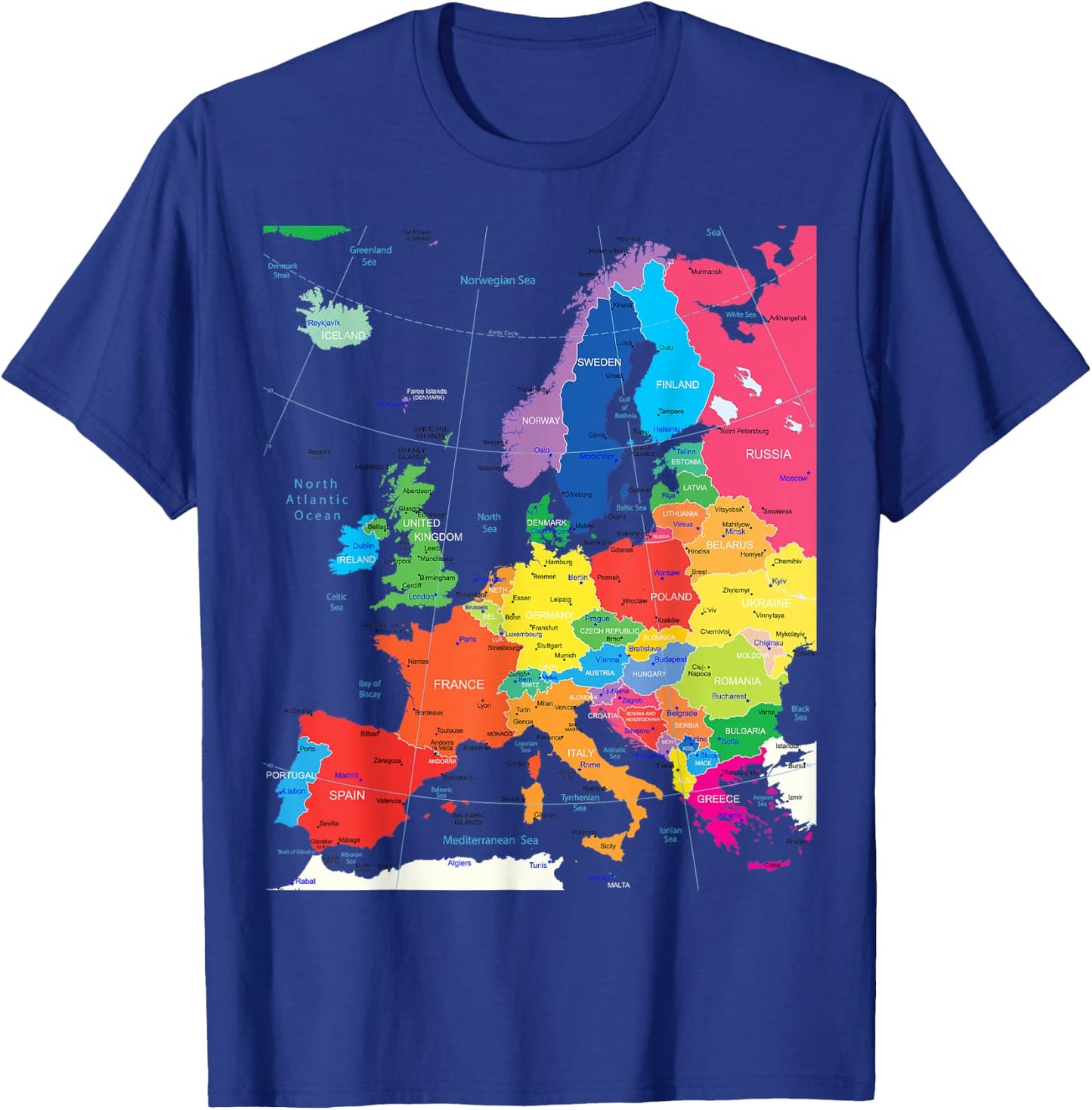 Map of Europe with Border, Countries, Capitals, Large Cities T-Shirt - T-Shirt | Royal
