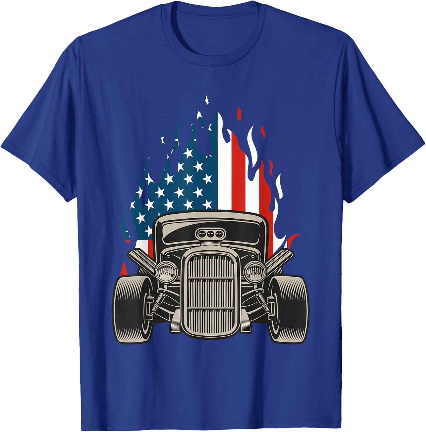 American Flag Vintage Hot Rod Veteran Memorial Day July 4 T-Shirt - T-Shirt | Royal