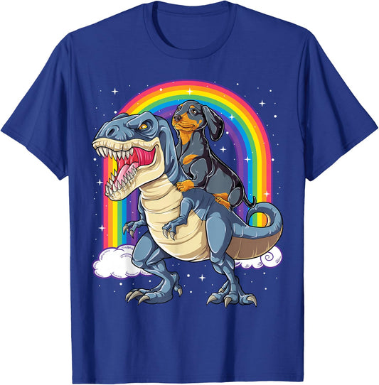 Dachshund Riding Dinosaur T-rex Gifts Boys Kids Men Rainbow T-Shirt - T-Shirt | Royal