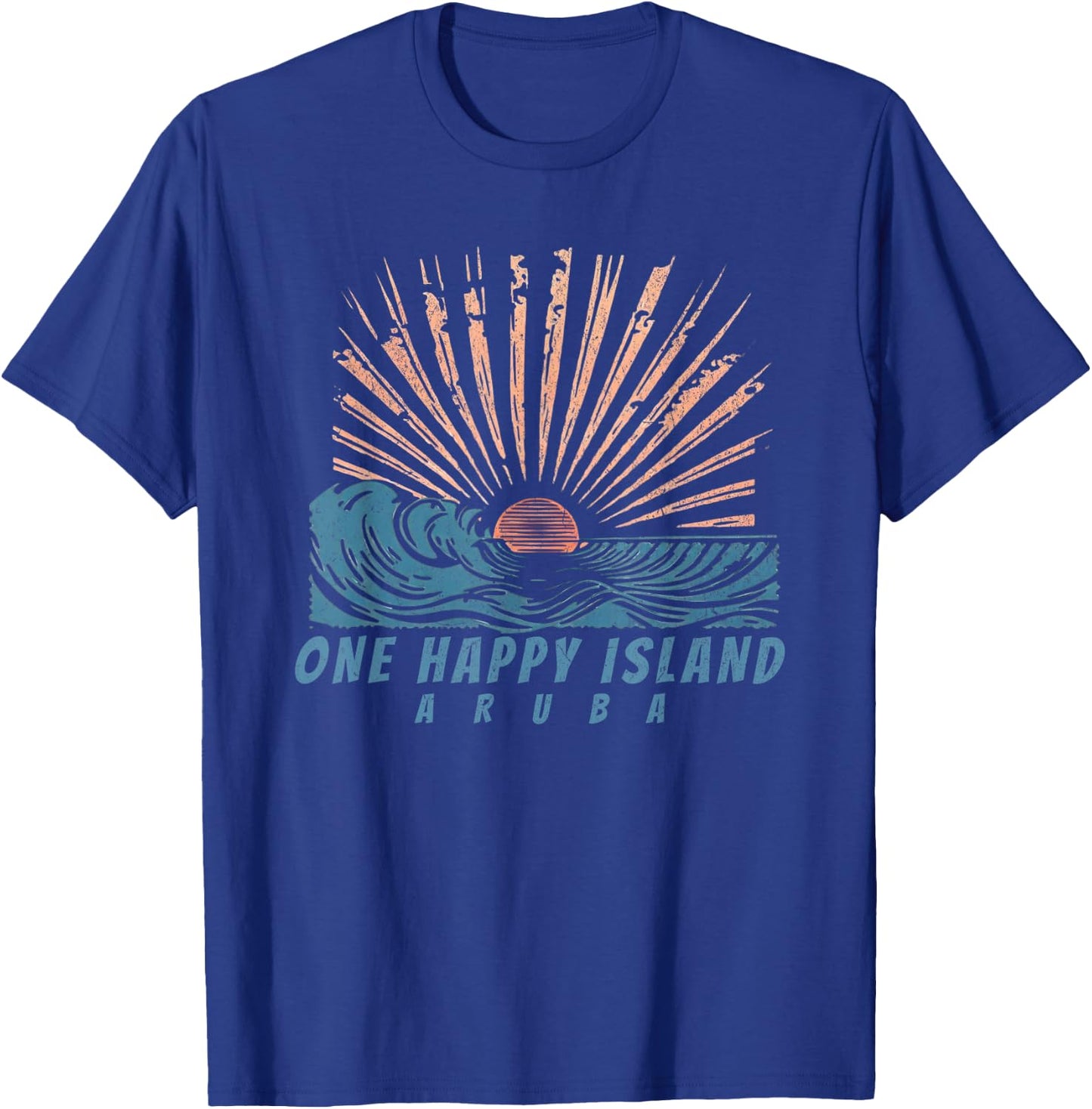 One Happy Island Aruba Sun Rays Waves Vintage Hand Drawn T-Shirt - T-Shirt | Royal