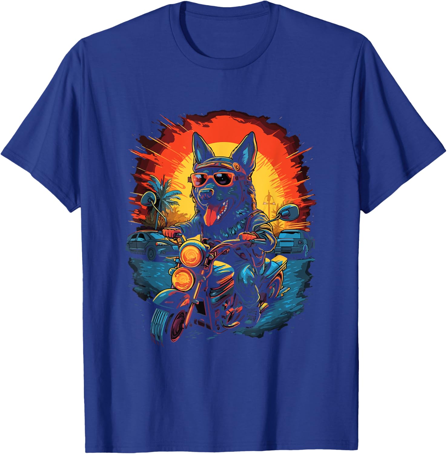 A German Shepherd dog riding a motorcycle T-Shirt - T-Shirt | Royal