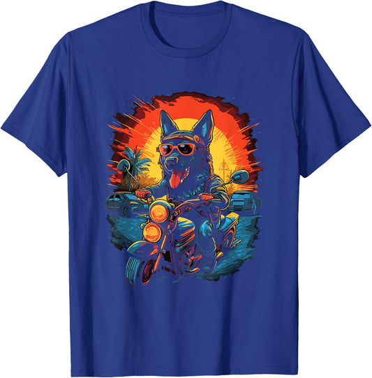 A German Shepherd dog riding a motorcycle T-Shirt - T-Shirt | Royal