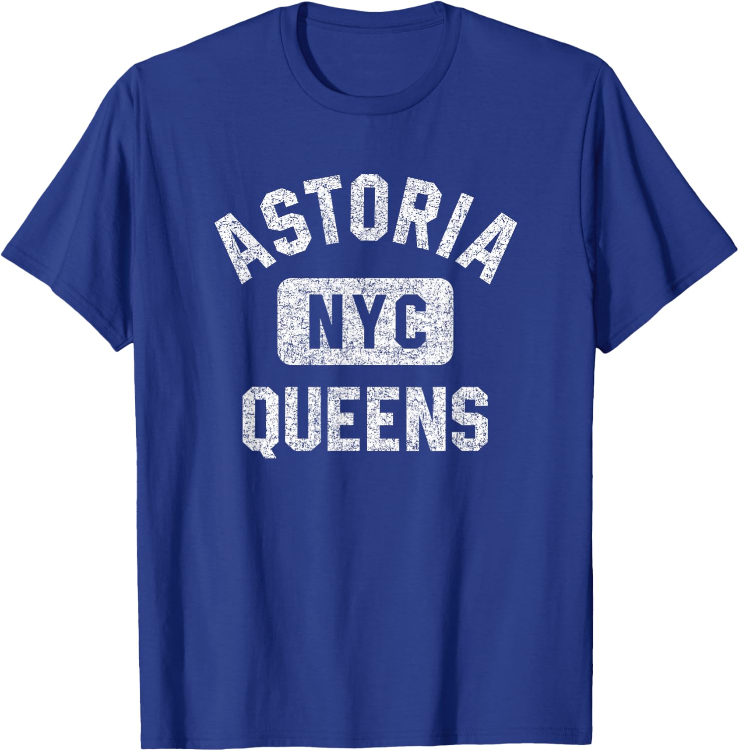 Astoria Queens NYC Gym Style Distressed White Print T-Shirt - T-Shirt | Royal