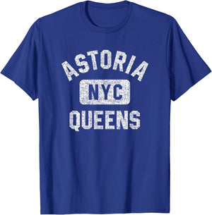 Astoria Queens NYC Gym Style Distressed White Print T-Shirt - T-Shirt | Royal