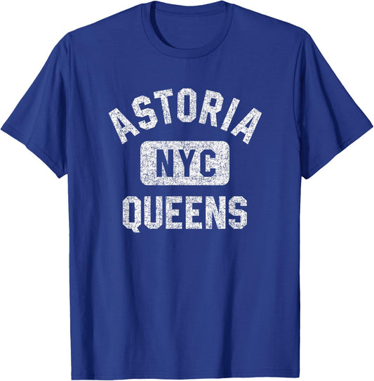 Astoria Queens NYC Gym Style Distressed White Print T-Shirt - T-Shirt | Royal