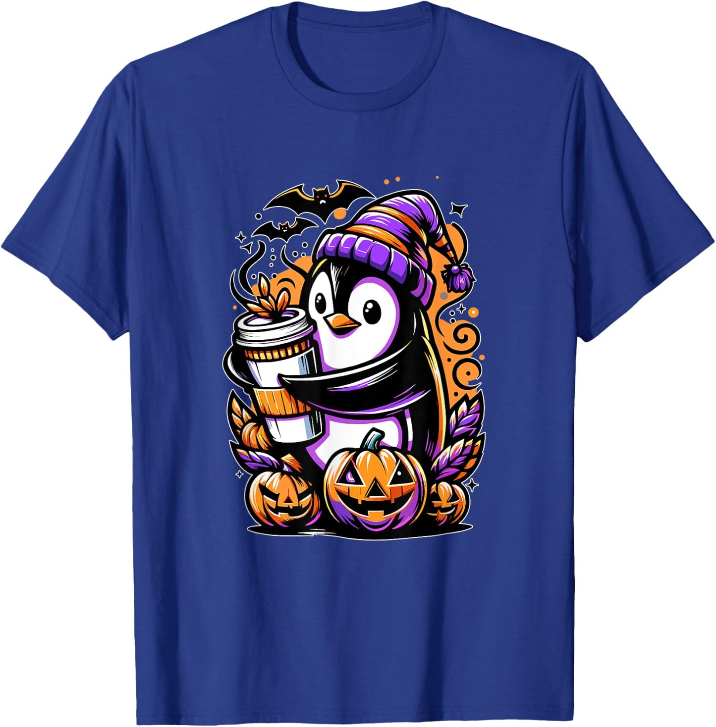 Penguin Coffee Halloween Pumpkin Cute Funny Penguin T-Shirt - T-Shirt | Royal