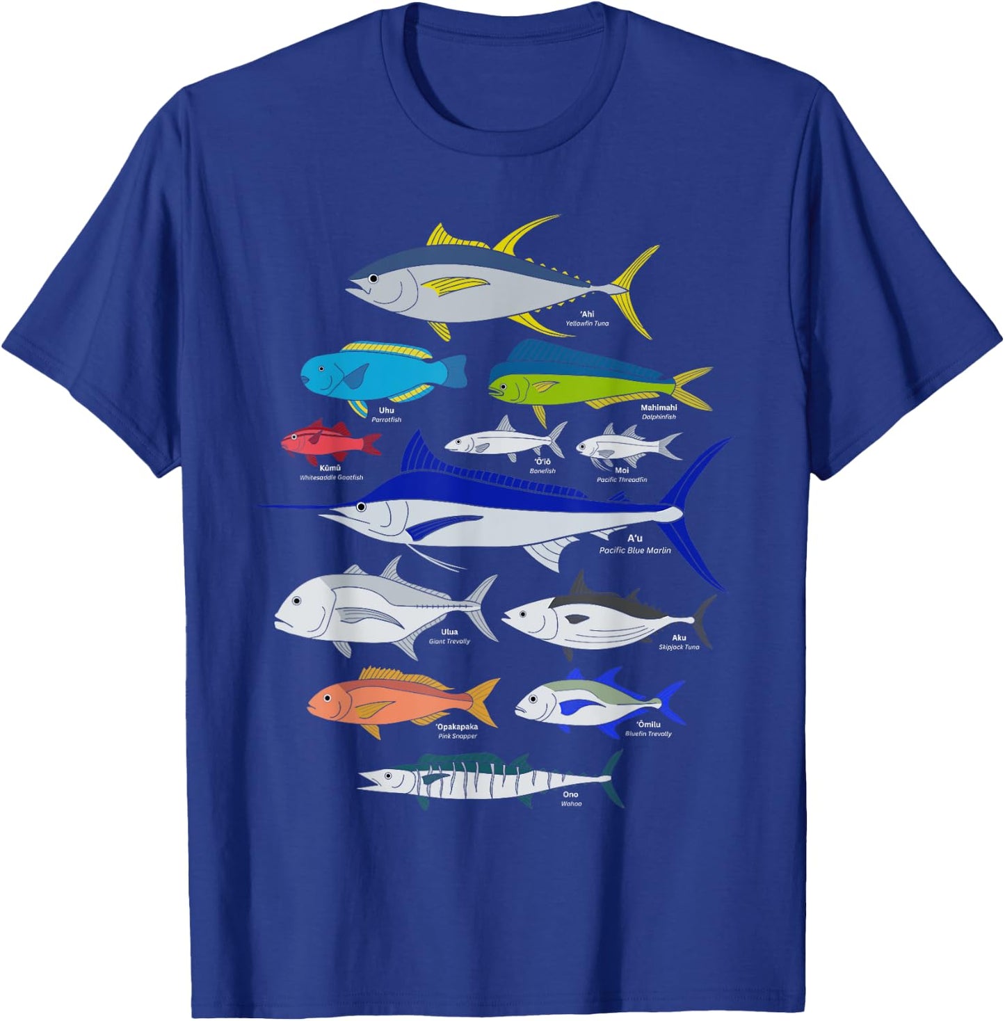 Hawaiian Fish (Ahi, Mahimahi, Ulua, Aku, Uhu, etc.) Fishing T-Shirt - T-Shirt | Royal