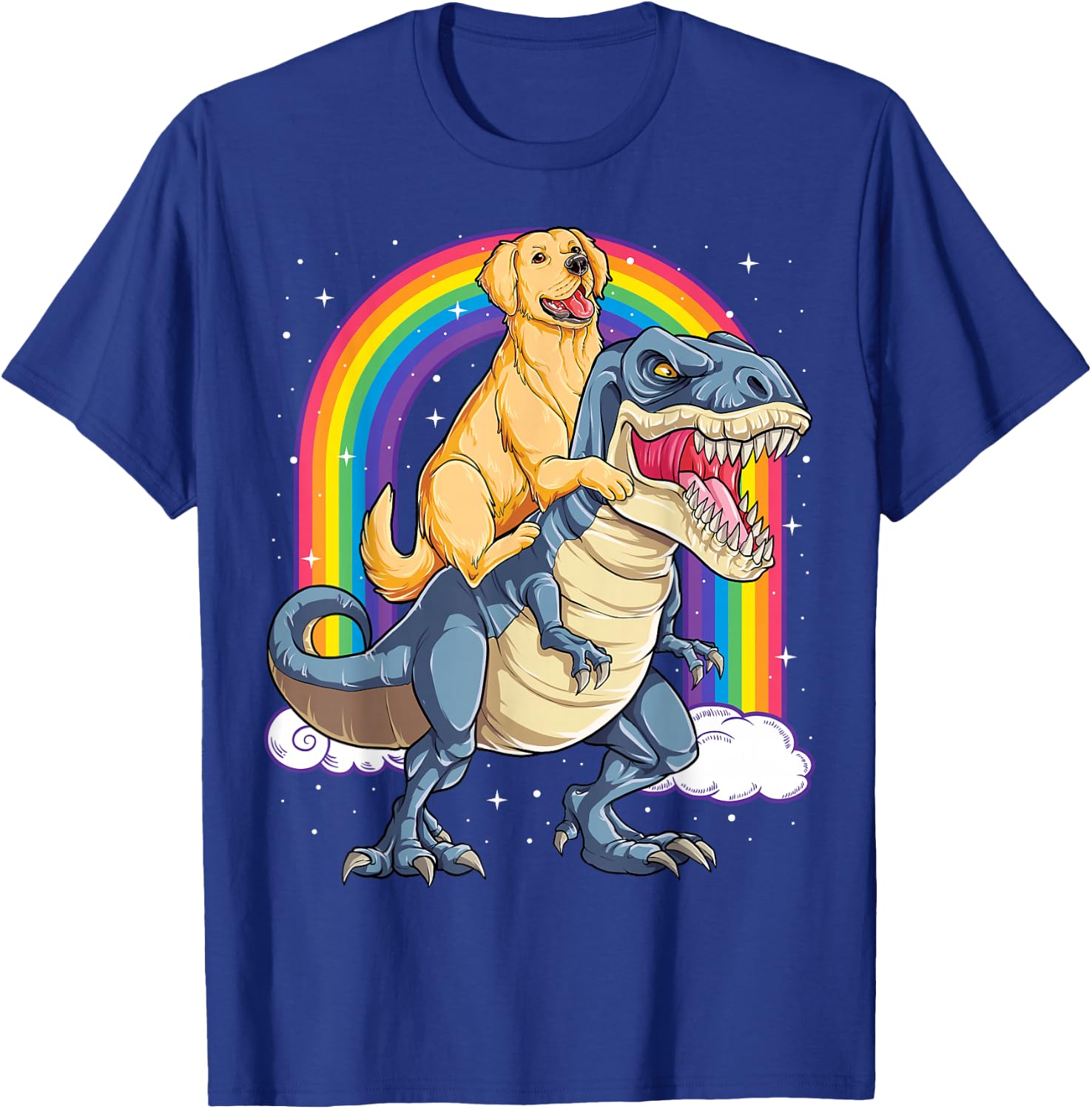 Golden Retriever Riding Dinosaur T rex Gifts Boys Rainbow Small T-Shirt - T-Shirt | Royal