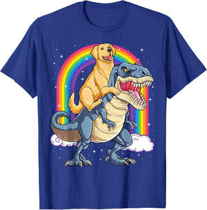 Golden Retriever Riding Dinosaur T rex Gifts Boys Rainbow Small T-Shirt - T-Shirt | Royal