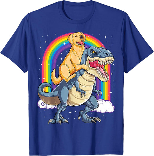Golden Retriever Riding Dinosaur T rex Gifts Boys Rainbow Small T-Shirt - T-Shirt | Royal