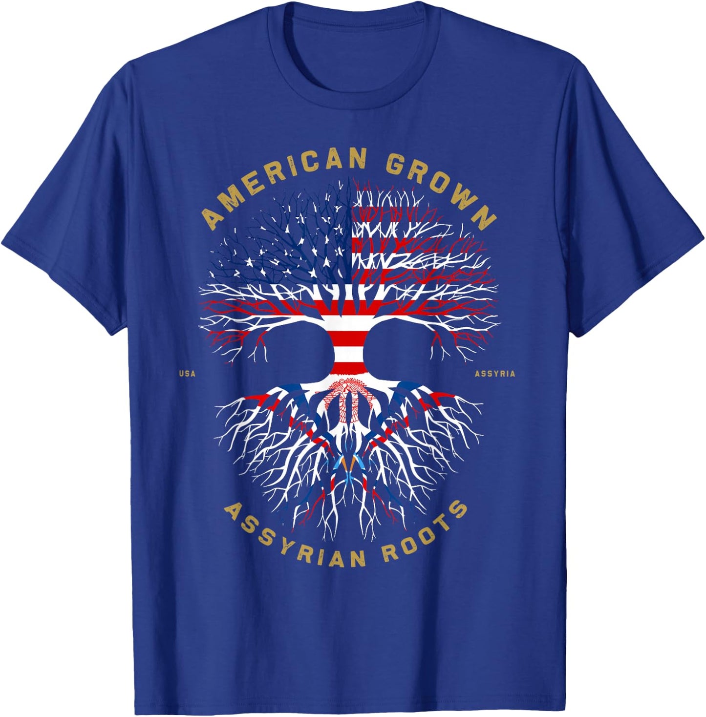 American Grown With Assyrian Roots Tree USA Flag Gifts Idea T-Shirt - T-Shirt | Royal
