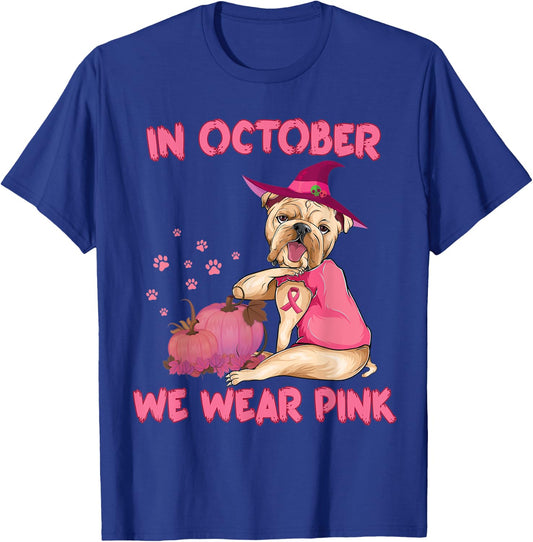 In October We Wear Pink Bulldog Dog Breast Cancer Halloween T-Shirt - T-Shirt | Royal