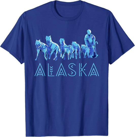 Alaska Sled Dogs Mushing Team Snow Sledding Mountain Scene T-Shirt - T-Shirt | Royal