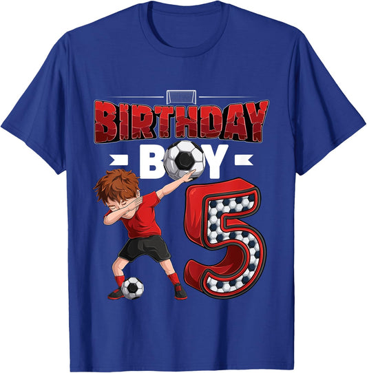 Kids dabbing boy 5 year old Soccer Player 5th birthday party T-Shirt - T-Shirt | Royal