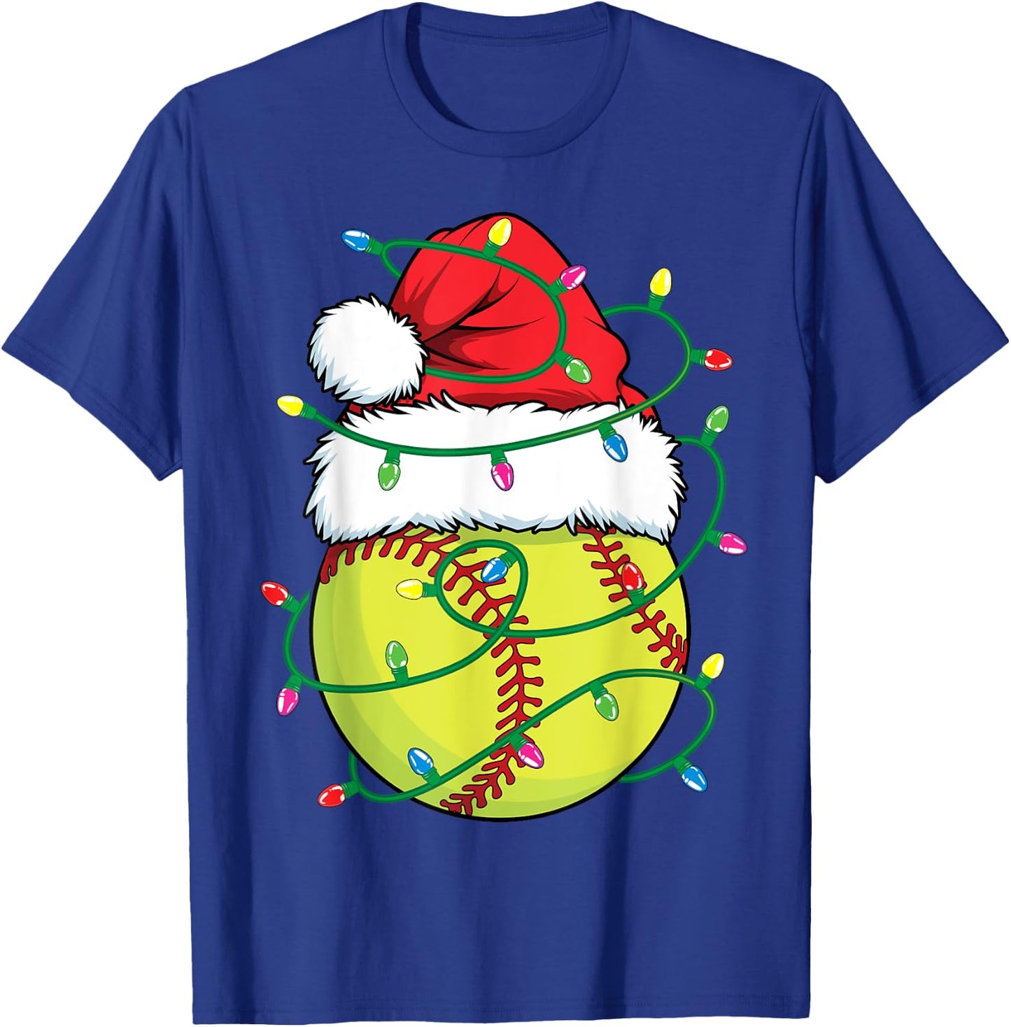 Softball with Santa Hat Men Boys Girls Christmas Xmas Lights T-Shirt - T-Shirt | Royal