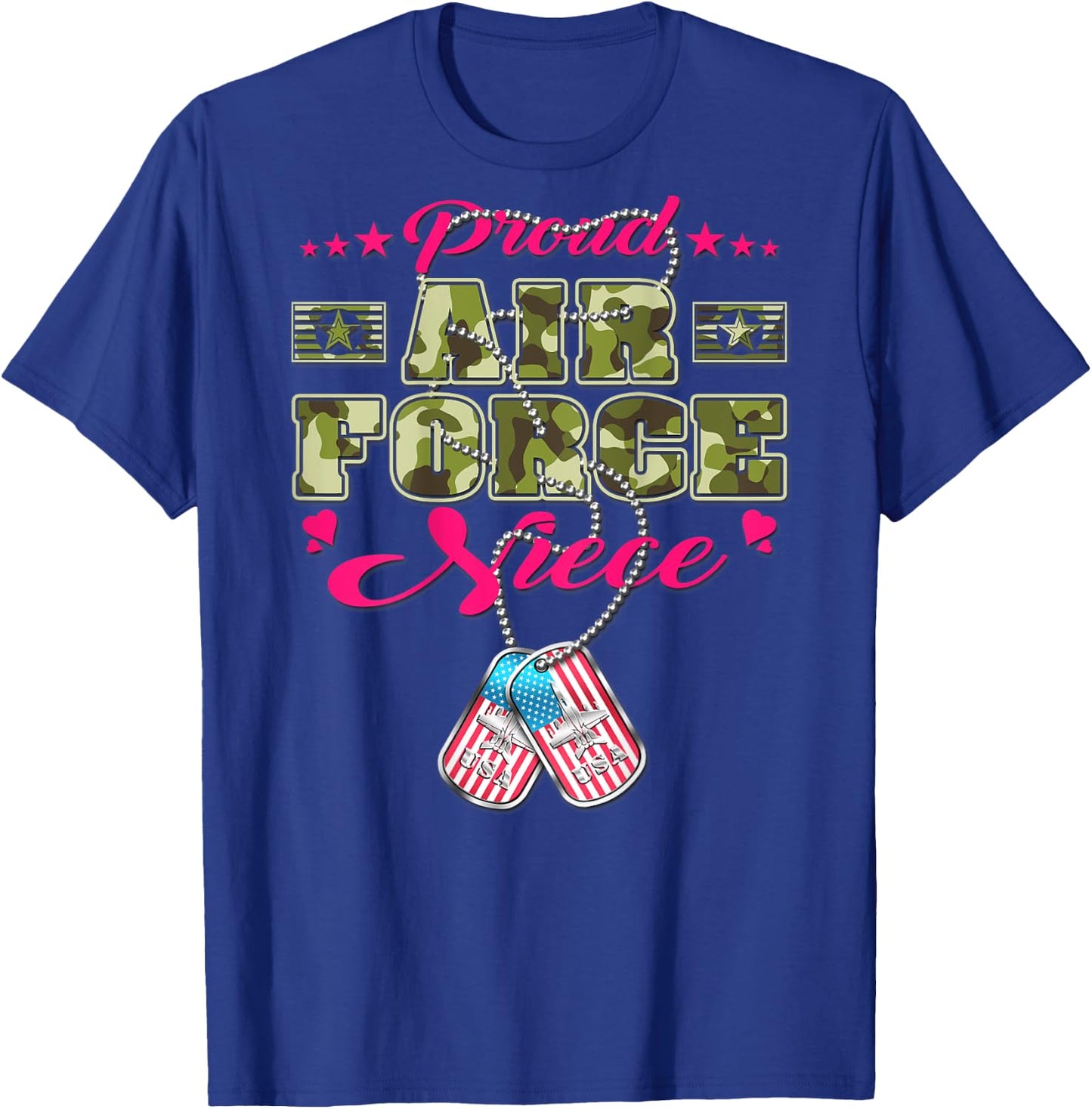 Proud Air Force Niece - Camo US Flag Dog Tag Military Family Men Women Kids T-Shirt - T-Shirt | Royal