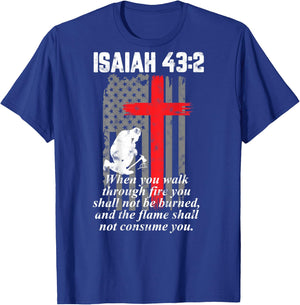 Thin Red Line Firefighter Cross Bible Verse American Flag Small T-Shirt - T-Shirt | Royal